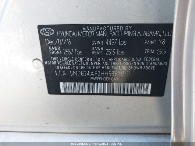 2017 HYUNDAI SONATA VIN: 5NPE24AF2HH536117