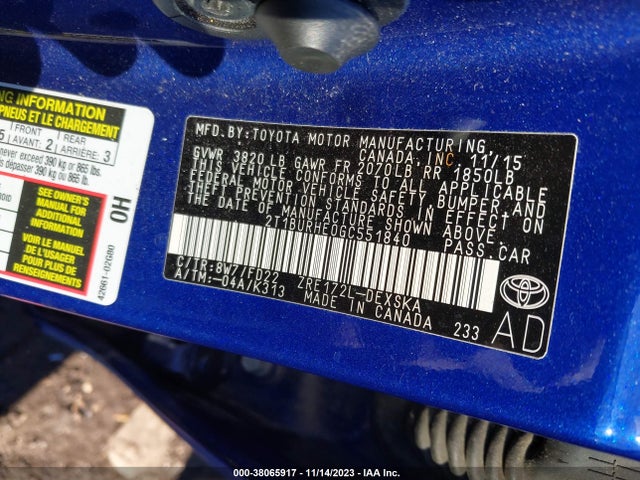 2016 TOYOTA COROLLA S PLUS VIN: 2T1BURHE0GC551840