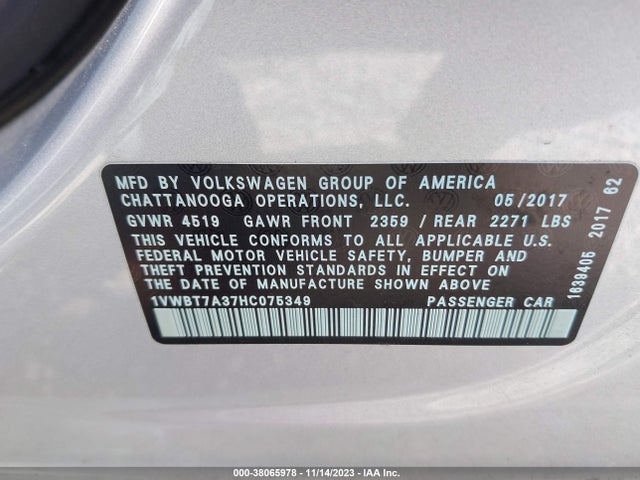 1VWBT7A37HC075349 Volkswagen Passat 1.8t Se