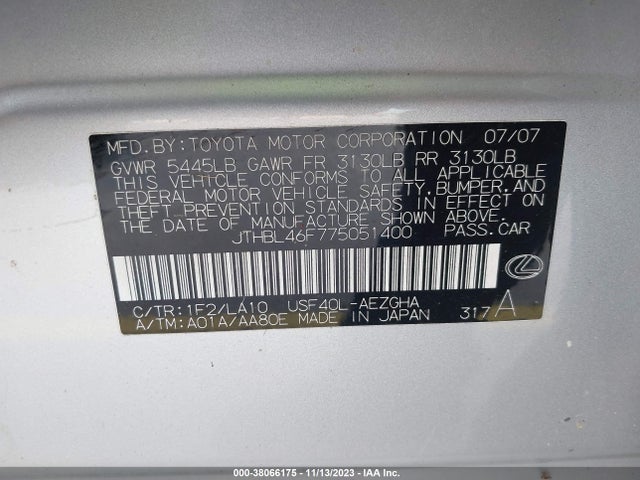 2007 LEXUS LS 460 VIN: JTHBL46F775051400
