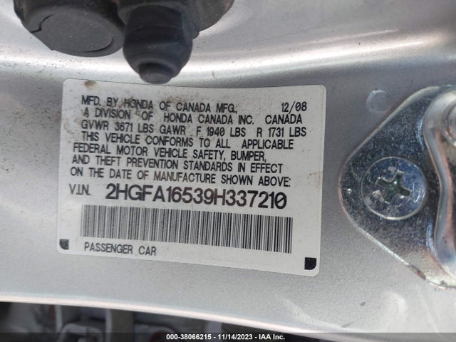 2009 HONDA CIVIC LX VIN: 2HGFA16539H337210