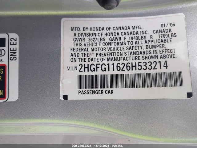 2006 HONDA CIVIC LX VIN: 2HGFG11626H533214
