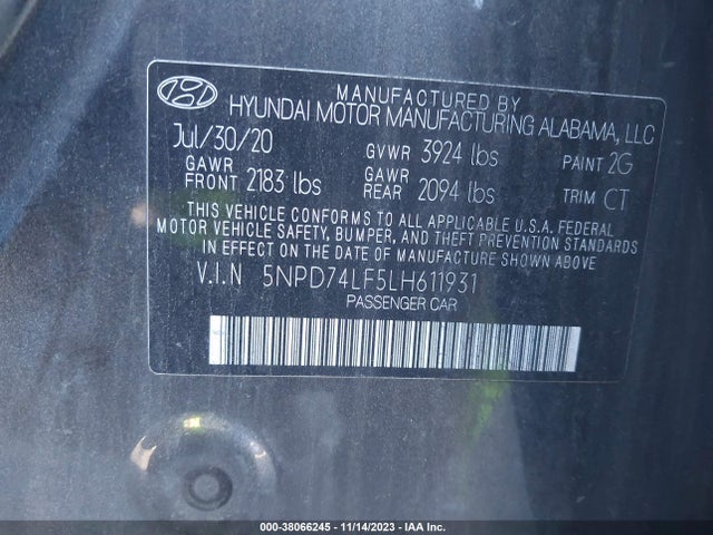 2020 HYUNDAI ELANTRA SE VIN: 5NPD74LF5LH611931
