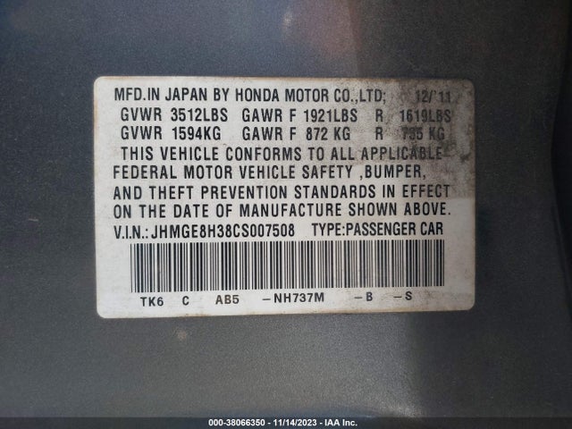 2012 HONDA FIT VIN: JHMGE8H38CS007508