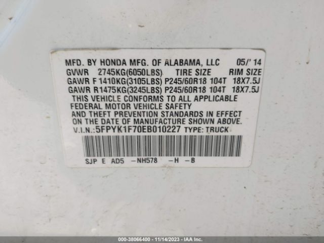 5FPYK1F70EB010227 Honda Ridgeline Sport