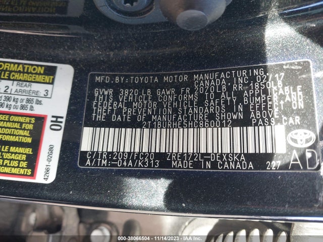 2017 TOYOTA COROLLA SE VIN: 2T1BURHE5HC860012