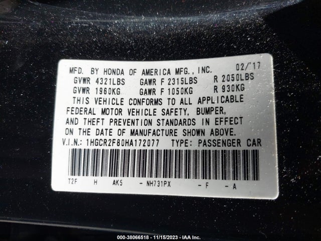 Honda Accord Ex-l 2017 1HGCR2F80HA172077 Image 9