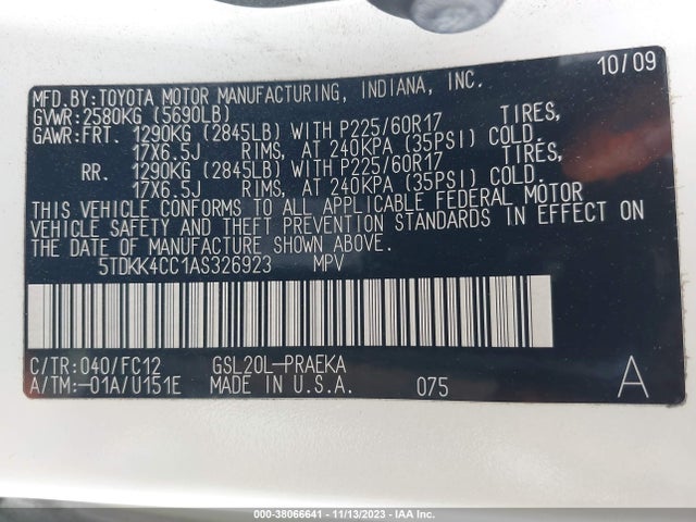 2010 TOYOTA SIENNA LE VIN: 5TDKK4CC1AS326923