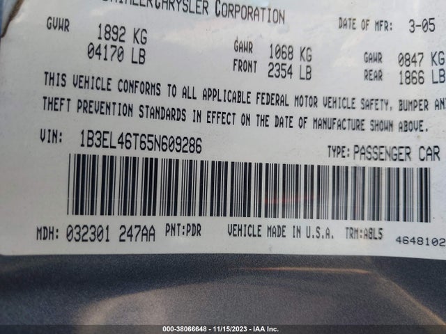 2005 DODGE STRATUS SXT VIN: 1B3EL46T65N609286