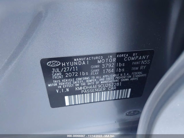2012 HYUNDAI ELANTRA LIMITED (ULSAN PLANT) VIN: KMHDH4AE9CU262281
