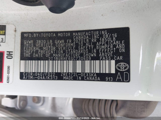 2016 TOYOTA COROLLA S PLUS VIN: 2T1BURHE6GC730609