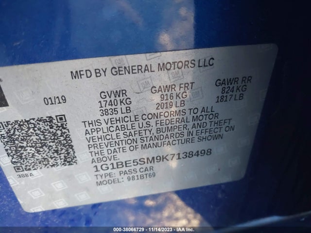 Chevrolet CRUZE LT 2019 1G1BE5SM9K7138498 Image 9