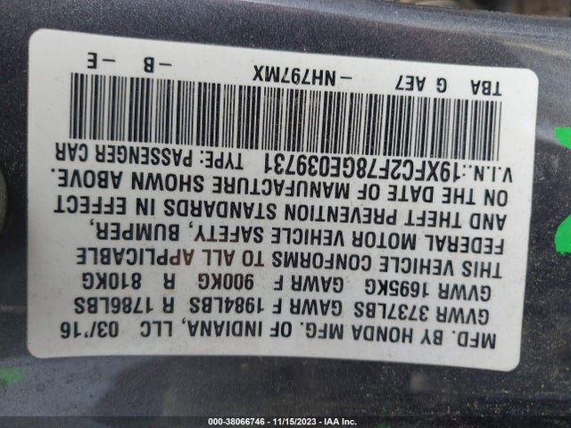 Honda CIVIC EX 2016 19XFC2F78GE039731 Image 9