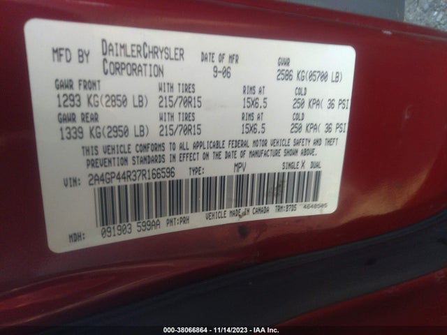 2007 CHRYSLER TOWN & COUNTRY LX VIN: 2A4GP44R37R166596