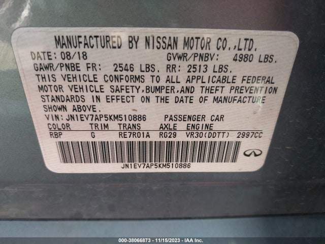 2019 INFINITI Q50 3.0T LUXE VIN: JN1EV7AP5KM510886