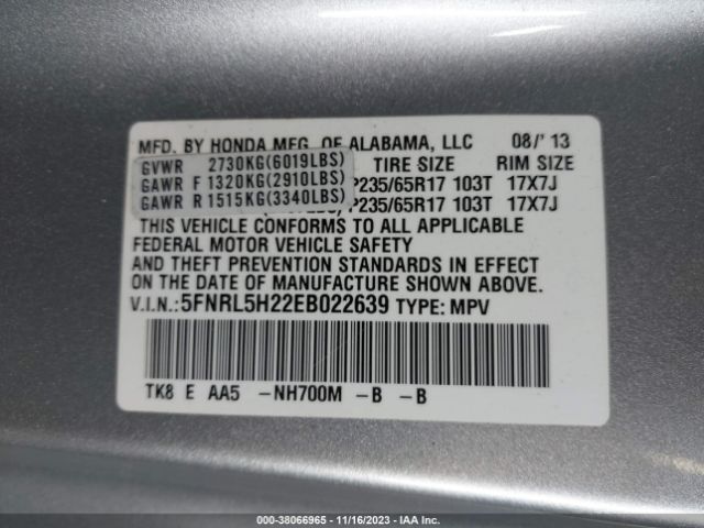 5FNRL5H22EB022639 Honda ODYSSEY LX