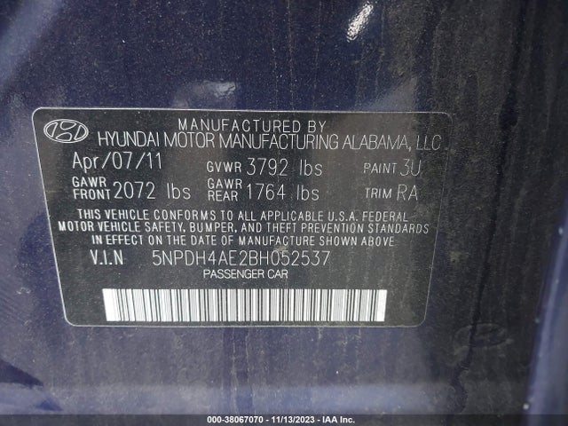 2011 HYUNDAI ELANTRA GLS VIN: 5NPDH4AE2BH052537