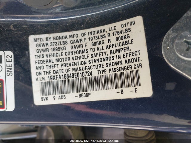 2009 HONDA CIVIC EX VIN: 19XFA16849E010724