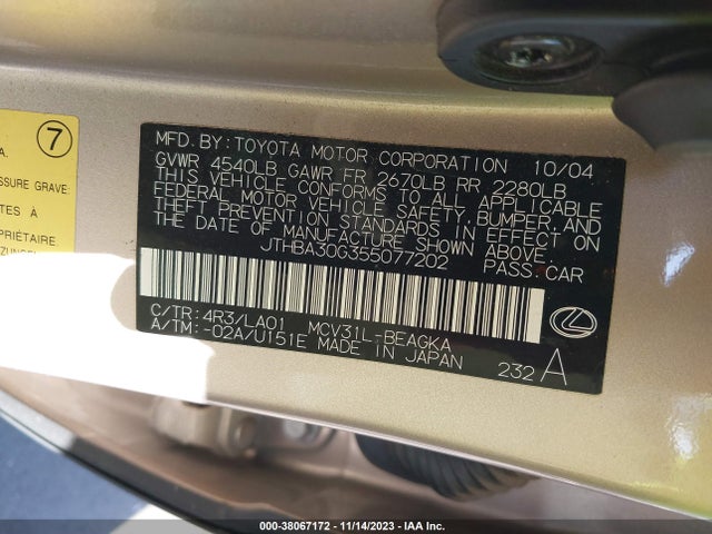 2005 LEXUS ES 330 VIN: JTHBA30G355077202