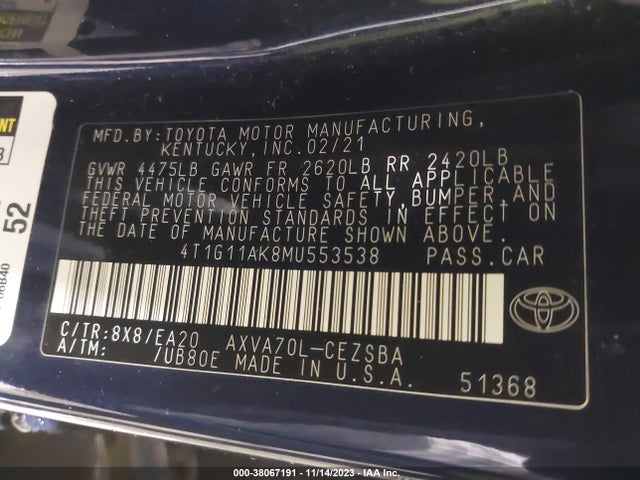Toyota CAMRY SE 2021 4T1G11AK8MU553538 Image 9