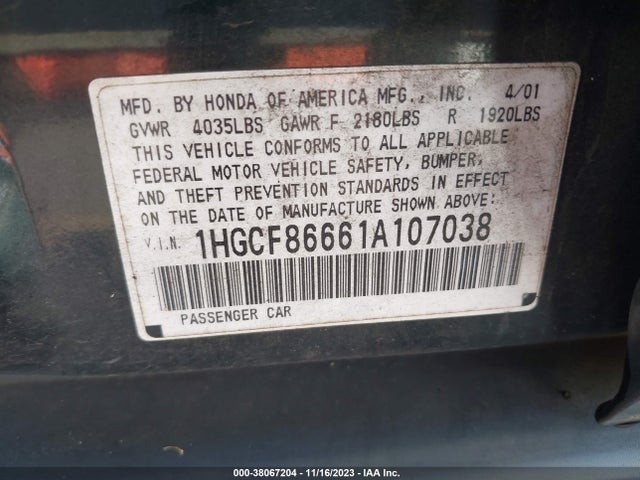 2001 HONDA ACCORD SDN VP VIN: 1HGCF86661A107038