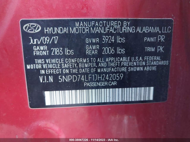 2018 HYUNDAI ELANTRA SE VIN: 5NPD74LF1JH242059