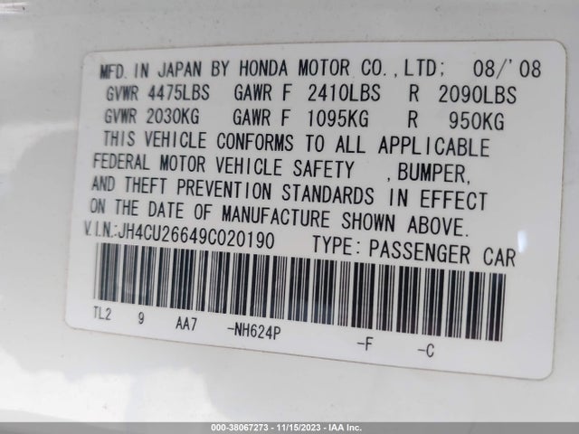 2009 ACURA TSX VIN: JH4CU26649C020190