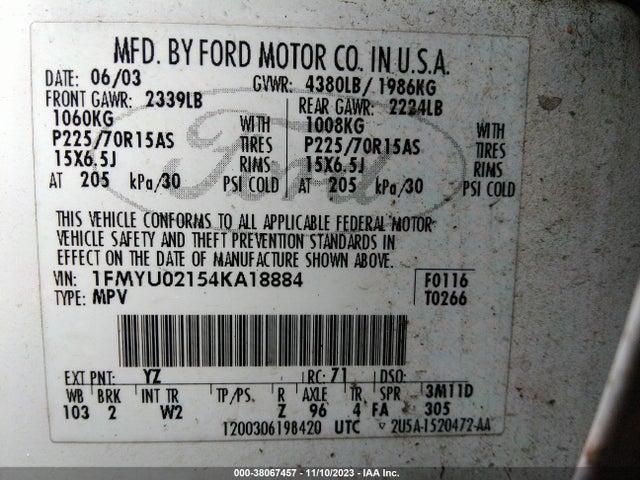 2004 FORD ESCAPE XLS VIN: 1FMYU02154KA18884