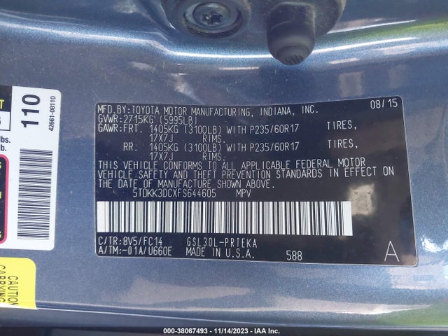 2015 TOYOTA SIENNA LE 8 PASSENGER VIN: 5TDKK3DCXFS644605
