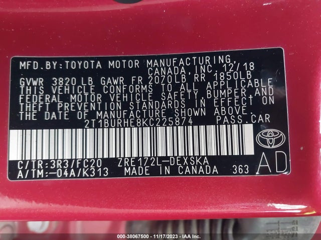Toyota COROLLA SE 2019 2T1BURHE8KC225874 Image 9