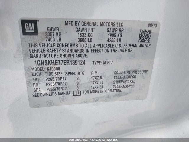 Chevrolet Suburban 1500 Ls 2014 1GNSKHE77ER139124 Image 9