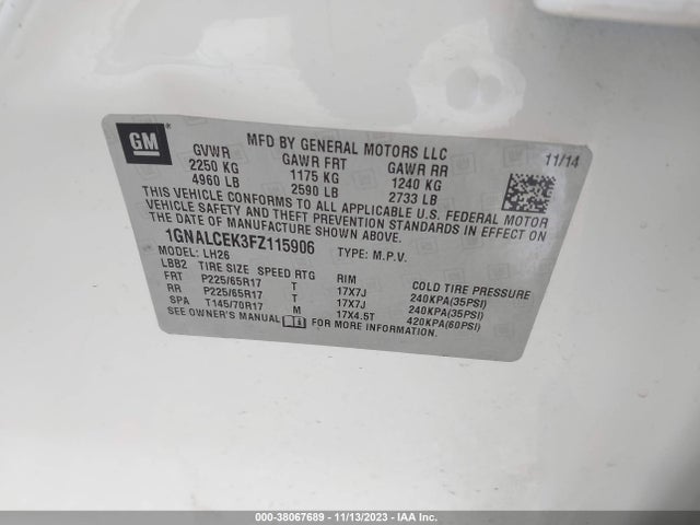 Chevrolet Equinox 2lt 2015 1GNALCEK3FZ115906 Image 9