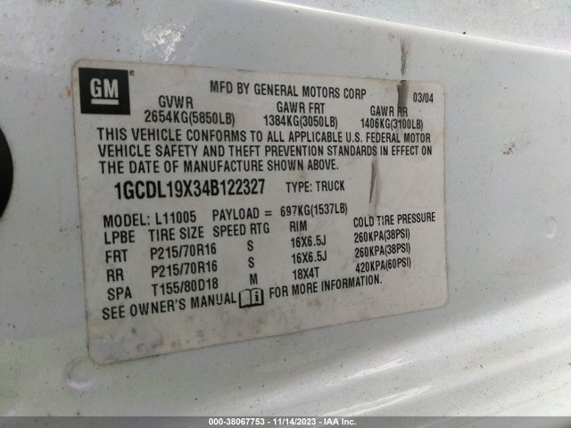 2004 CHEVROLET ASTRO VIN: 1GCDL19X34B122327