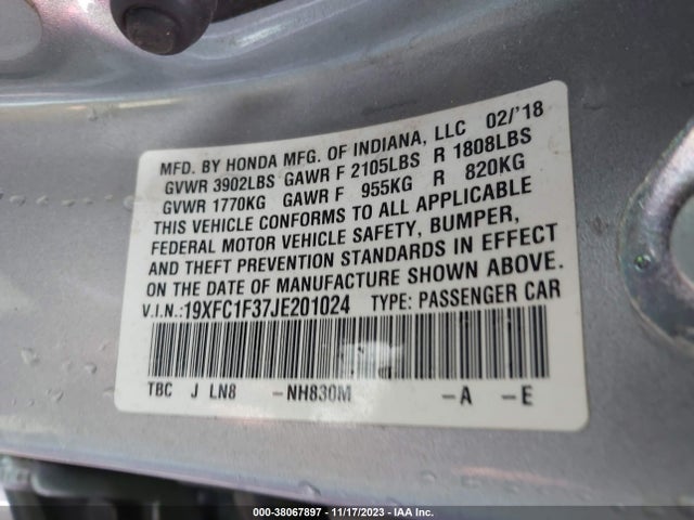 Honda Civic Ex-t 2018 19XFC1F37JE201024 Image 9