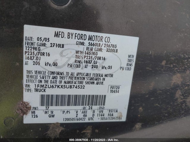 2005 FORD EXPLORER SPORT TRAC XLS/XLT VIN: 1FMZU67KX5UB74532