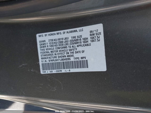 Honda Odyssey Ex-l 2018 5FNRL6H71JB040285 Image 9