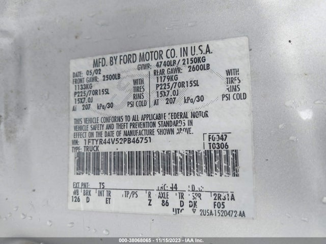 2002 FORD RANGER XLT APPEARANCE/TREMOR PLUS/EDGE PLUS VIN: 1FTYR44V52PB46751