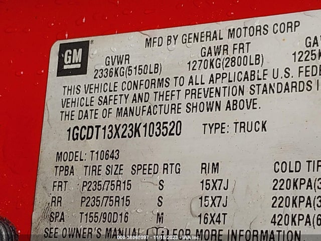 2003 CHEVROLET S-10 LS VIN: 1GCDT13X23K103520