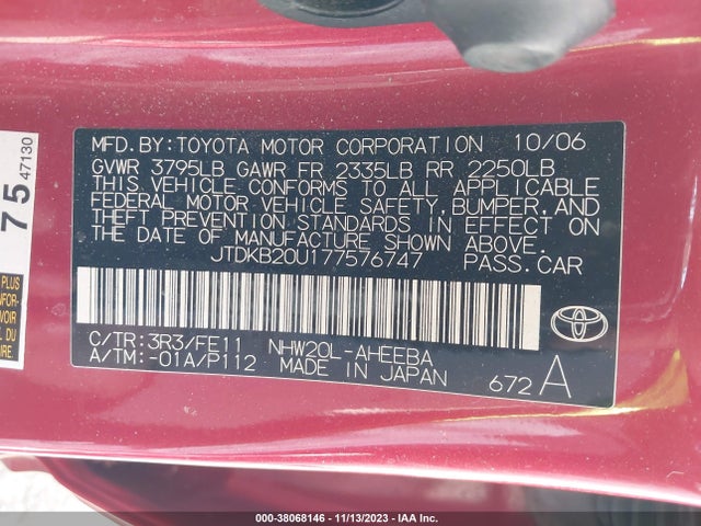2007 TOYOTA PRIUS VIN: JTDKB20U177576747