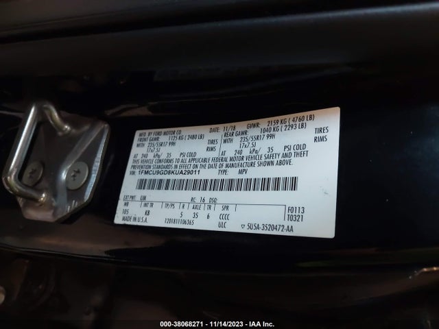 38068271 :رقم المزاد ، 1FMCU9GD8KUA29011 vin ، 2019 Ford Escape Se مزاد بيع
