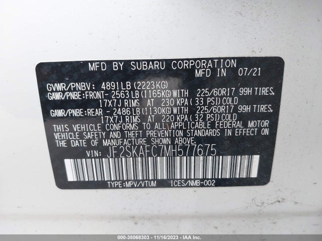 2021 SUBARU FORESTER PREMIUM VIN: JF2SKAFC7MH577675