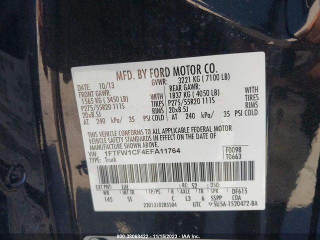 2014 FORD F-150 STX VIN: 1FTFW1CF4EFA11764