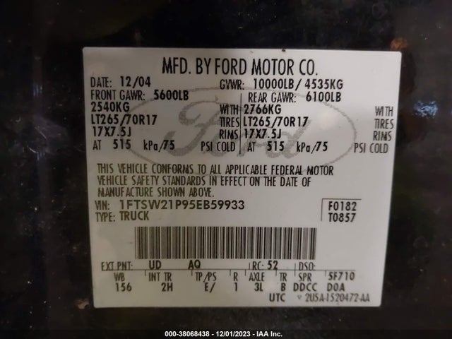 2005 FORD F-250 XLT/LARIAT/XL VIN: 1FTSW21P95EB59933