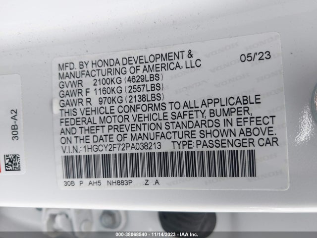 2023 HONDA ACCORD HYBRID SPORT-L VIN: 1HGCY2F72PA038213