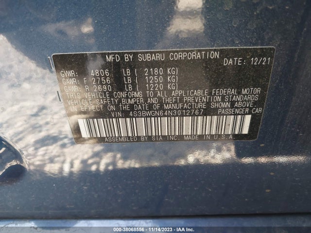 Subaru Legacy Limited Xt 2022 4S3BWGN64N3012767 Image 9