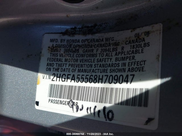 2008 HONDA CIVIC SI/SI MUGEN VIN: 2HGFA55568H709047