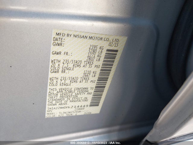 2015 NISSAN MURANO PLATINUM VIN: 5N1AZ2MH0FN214449