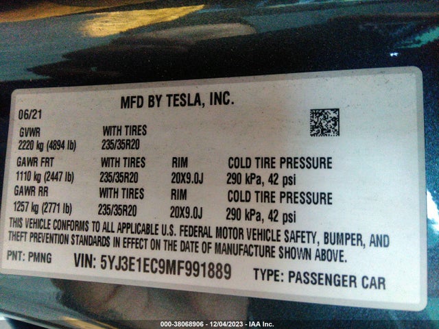 5YJ3E1EC9MF991889 Tesla Model 3 Performance Dual Motor All-wheel Drive