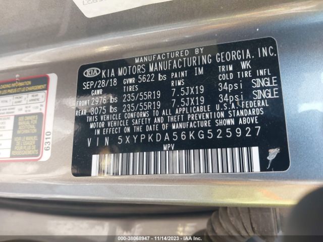 5XYPKDA56KG525927 KIA Sorento 3.3l Sx