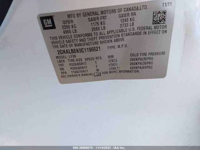 2012 CHEVROLET EQUINOX LS VIN: 2GNALBEK9C1196621